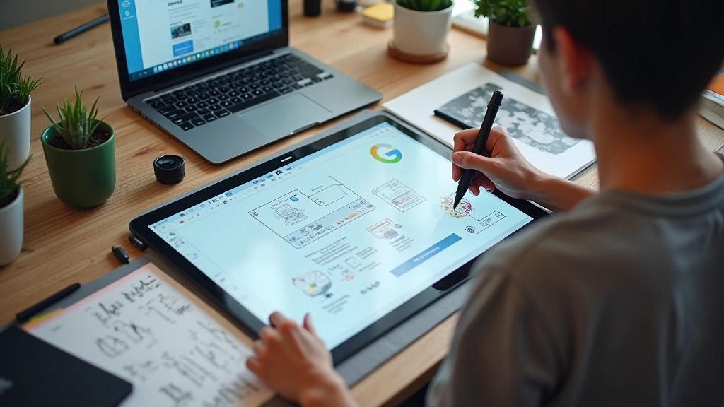 Espace de travail créatif avec graphiques et outils de conception