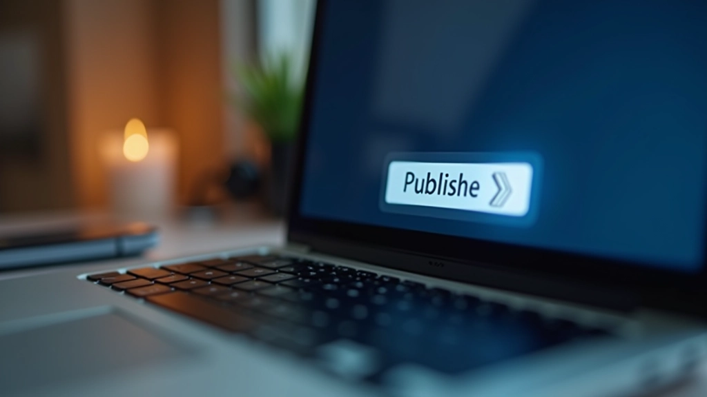 Ordinateur portable avec bouton de publication visible, symbole d'envoi en évidence