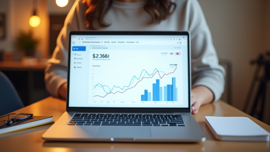 Ordinateur portable affichant une plateforme de vente de produits numériques avec des statistiques de revenus