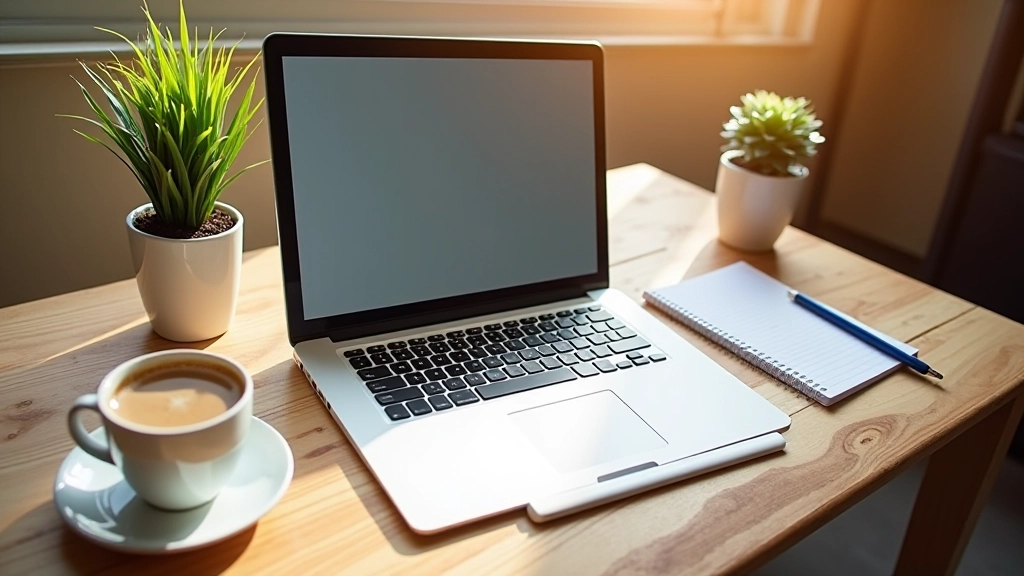Ordinateur portable ouvert sur un bureau avec un carnet de notes et une tasse de café