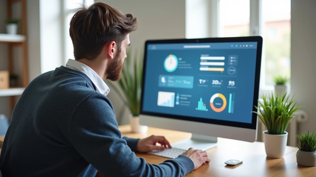 Personne analysant les statistiques de réseaux sociaux sur un écran d'ordinateur dans un espace de travail moderne