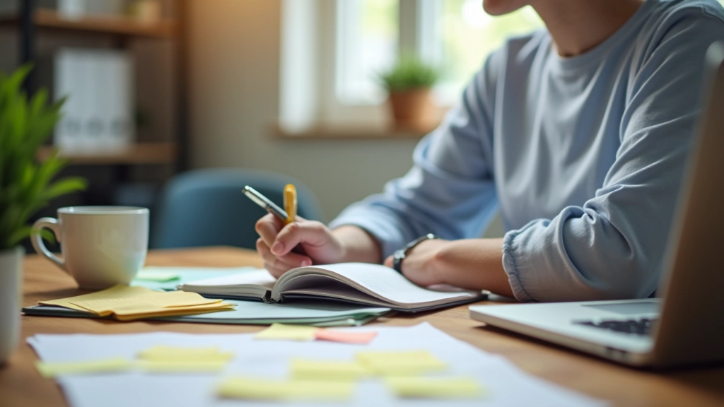 Personne travaillant sur un ordinateur portable avec des notes et un carnet, processus de création de contenu