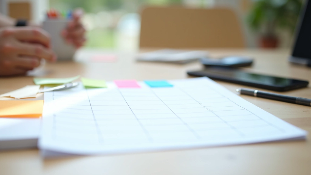 Calendrier de planification avec des notes autocollantes colorées et un téléphone affichant un calendrier de contenu