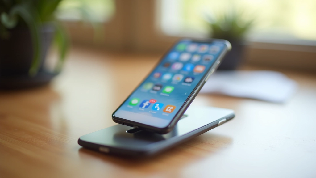 Téléphone mobile sur une table affichant une interface de réseau social avec des icônes et du contenu