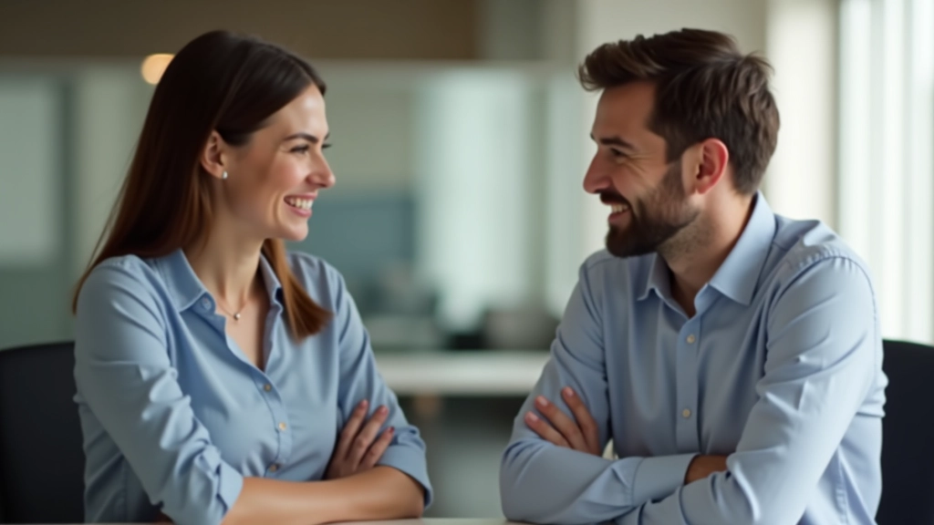 Deux personnes en conversation lors d'une rencontre professionnelle, souriant et discutant avec attention mutuelle